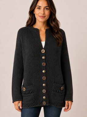 Pure Handknit L/XL Black Cotton Cardigan Handmade Thailand Mixed Buttons